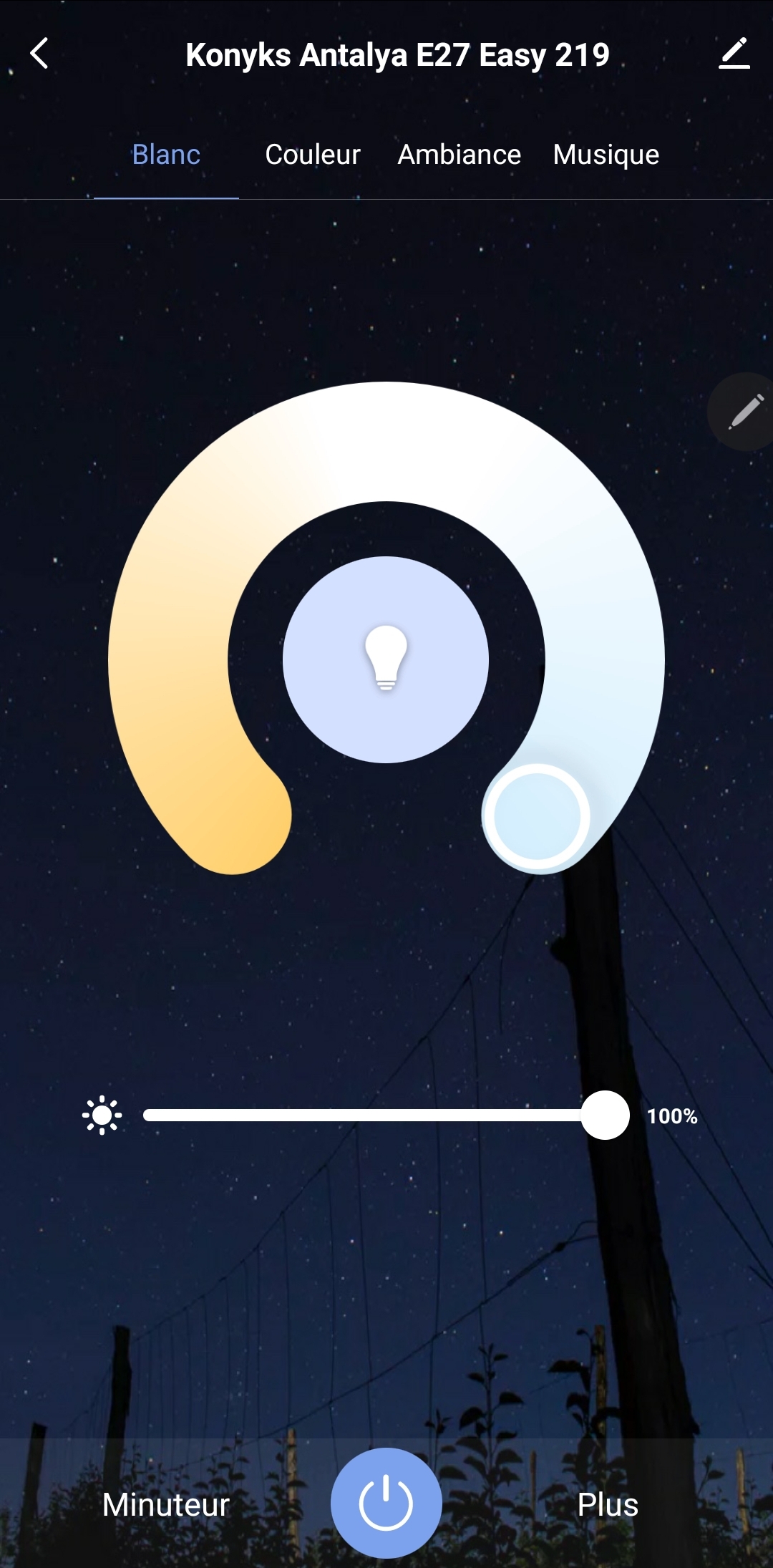 Captura de pantalla de la aplicación Konyks: cambiar de luz fría a cálida