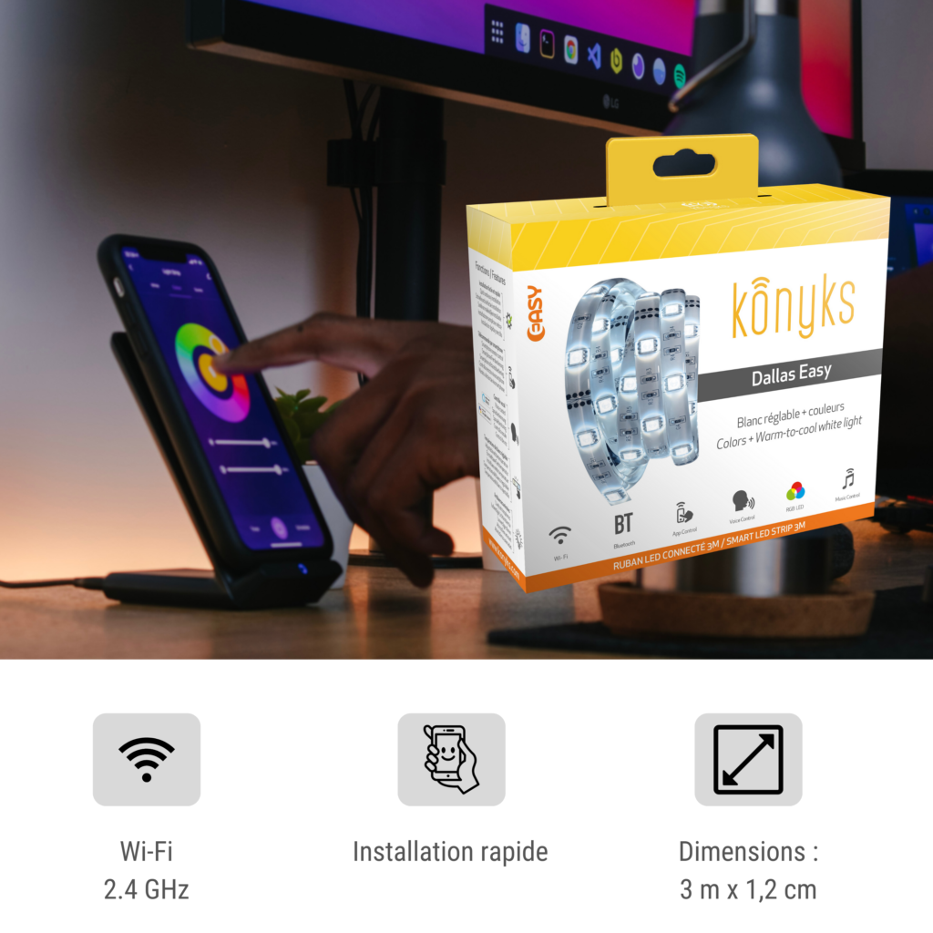 Lampe à poser Konyks Ruban LED Wi-Fi RGB Dallas - long. 3 mètres,  compatible Alexa et Google Home, automatisations faciles