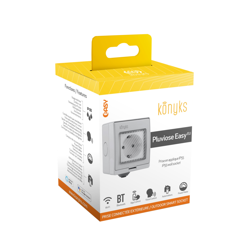 Konyks Prise connectée extérieure Pluviose Easy EU - WiFi + BT, IP 55, 16A,  3680W, Compteur de consommation, Compatible Alexa et Google Home