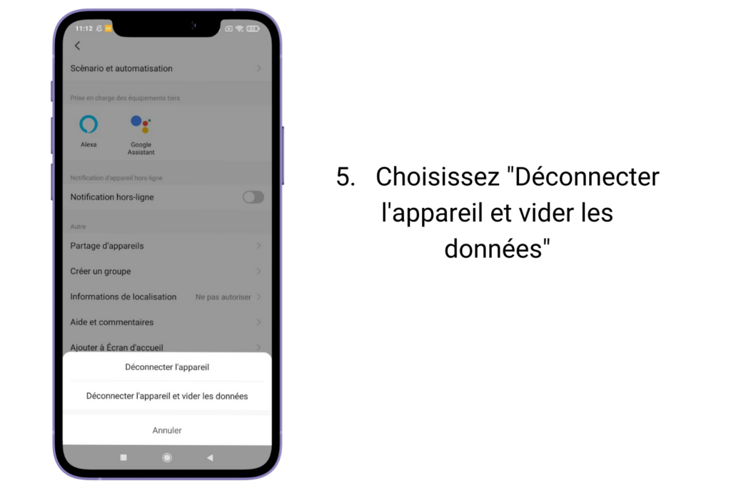 5. Choisissez "Déconnecter l'appareil et vider les données"