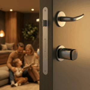 porte entrouverte sur une maison le soir, à gauche au fond une famille est assise , on sen la chaleur, sur la porte d'entrée on distingue la serrure connectée biométrique Konyks Pass