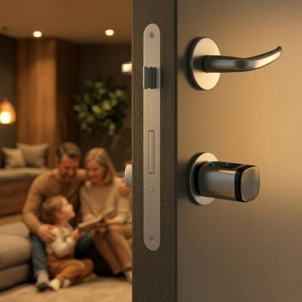 porte entrouverte sur une maison le soir, à gauche au fond une famille est assise , on sen la chaleur, sur la porte d'entrée on distingue la serrure connectée biométrique Konyks Pass