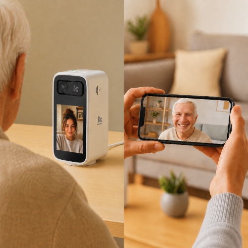 Konyks Camini Visio Caméra Wi-FI 4MP avec Écran LCD 2,8" écran visio & audio bi-directionnel & horloge intégréeCamini Visio — Alerte sur App Konyks maison